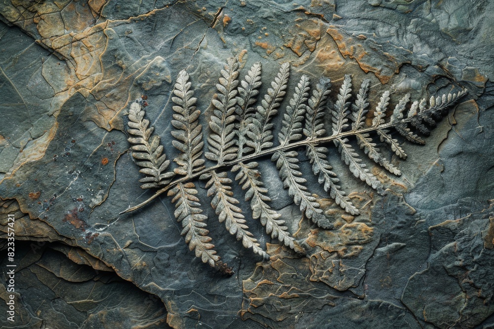 Poster a fossilized fern leaf imprint on a dark slate rock background, depicting botanical history preserve
