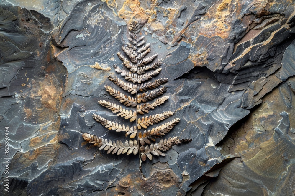 Poster the artistic single imprint of a fern fossil on a textured stone background, illustrating the natura