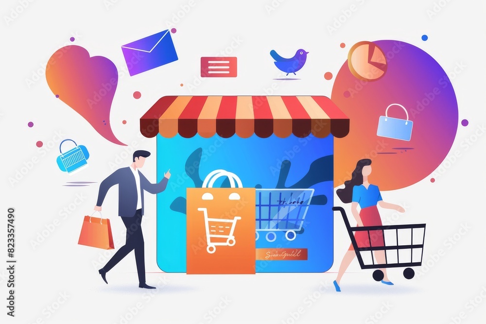 Poster high tech illustration of a secure online shopping experience with multiple shopping carts and digit