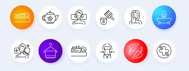 Spa and wellness set icon. Massage, teapot, facial mask, brush, hair care, candle, makeup, towel, acupuncture, body care, leaves, medical cross. Spa and relaxation concept.