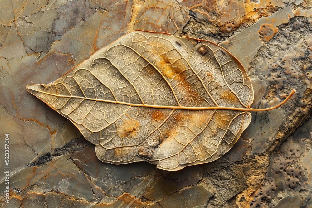 Poster a fossil leaf with pronounced veins on a multi-textured sedimentary rock surface, highlighting natur