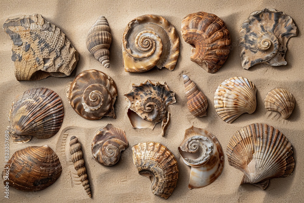 Poster An array of spiral seashells with different shapes and sizes displayed on a sandy background, highlighting marine diversity