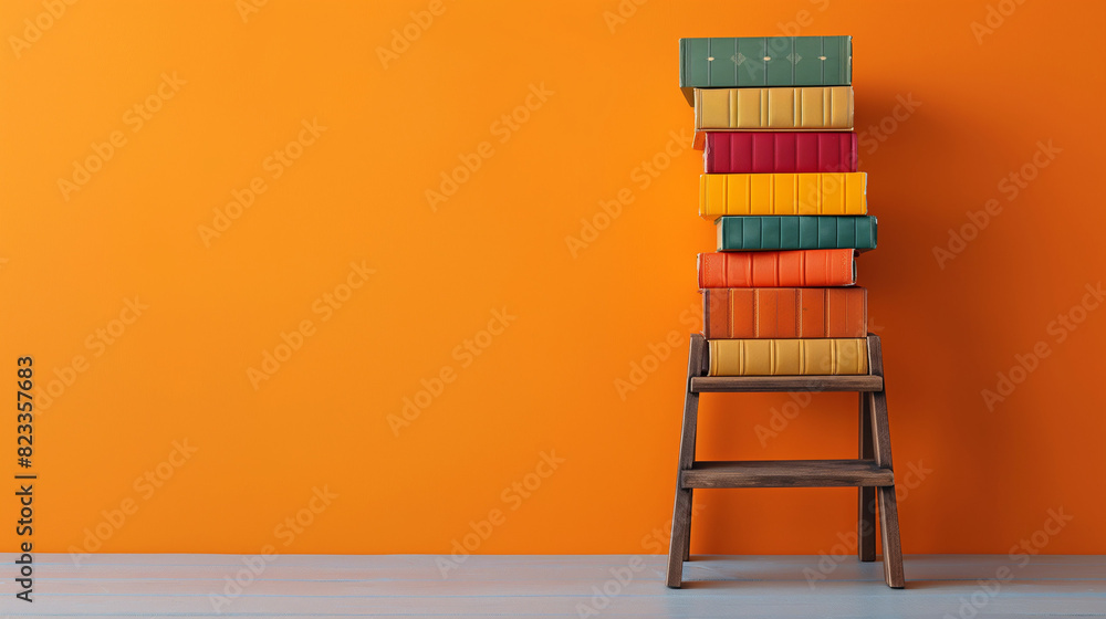 Poster conceptual image of a stack of books with a ladder on an orange background, could illustrate ideas l