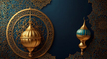 Ramadan background featuring intricate gold and blue Islamic design.