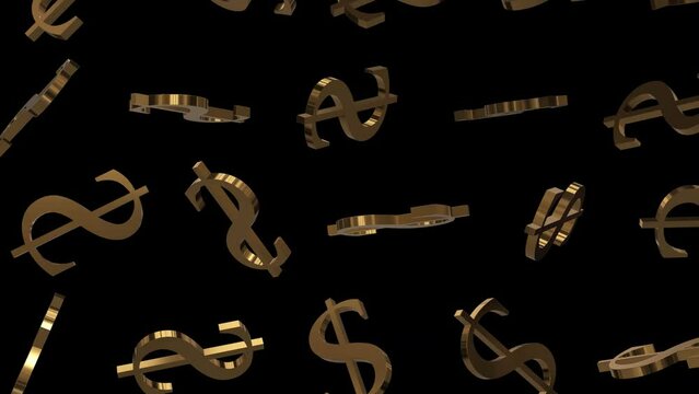 golden dollar sign symbol 3d shape falling loop animation background video