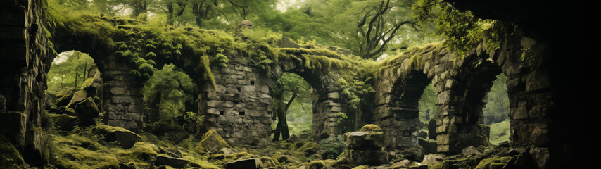 Ruins of Stone Arches Overgrown with Moss in a Forest