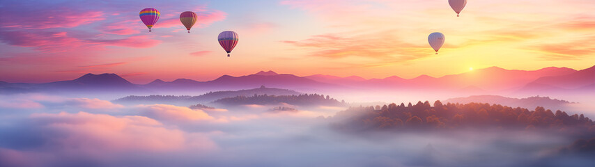 Obraz premium Hot Air Balloons at Sunrise Over Misty Mountains