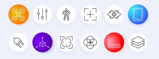 Technology and control set icon. Drone, sliders, human figure, target, eye scan, tablet, plug, 3D axis, crosshair, Venn diagram, router, layers. Technology and digital control concept.