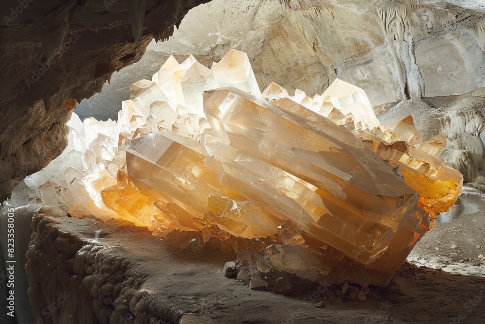 Poster a sizable cluster of glowing orange-hued crystals positioned prominently within a spacious cave sett