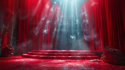 Red draped theater stage with atmospheric lighting beams casting through the fog