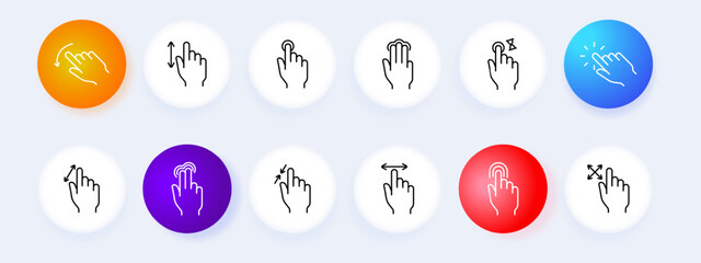 Gesture swipe set icon. Swipe down, tap, hold, double tap, up, zoom, swipe right, left, pinch, rotate. User interface, touchscreen concept.