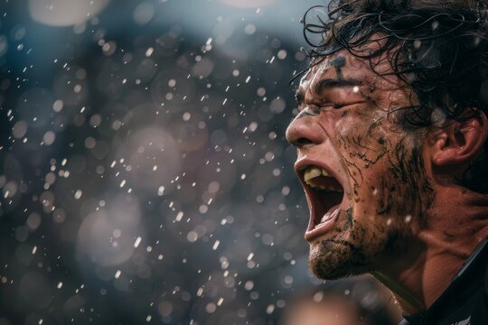 The focus is on clear water droplets suspended in the air, with a blurred background suggesting an outdoor setting