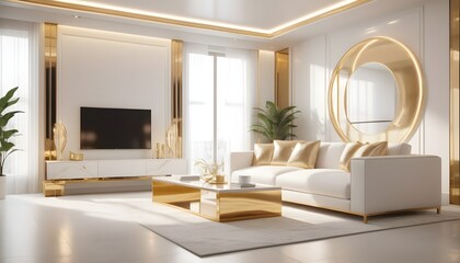 white and gold theme interior modern minimalism photo realism