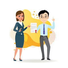 Business partners with signed contract. Male and female managers in formal wear pointing at document. Business and partnership concept. Vector illustration can be used for topics like deal, success
