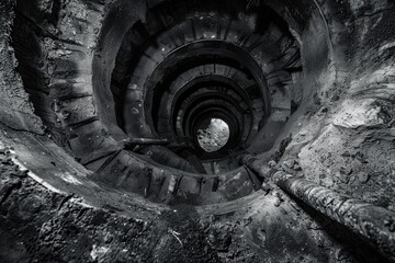 A high-contrast black and white image of a spiraling structure leading into darkness