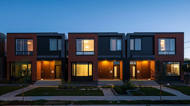 Sleek, geometric townhomes with warm brick facades. Residential architecture bathed in evening light.