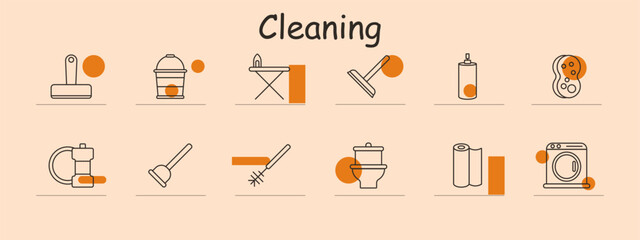 Cleaning tools and supplies set icon. Brush, vacuum, iron, spray bottle, sponge, plunger. Household cleaning and hygiene concepts.