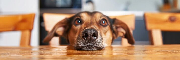 Cute dog head begging for food at kitchen table, hungry eyes of pet, dog portrait