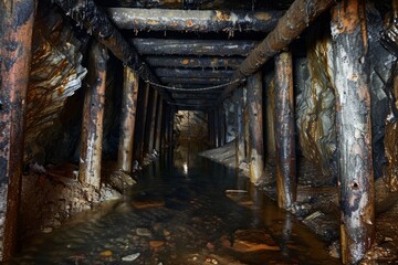 The image shows water reflecting within an old, corroded mine tunnel with rusty supports, conveying a sense of history
