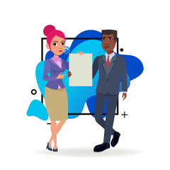 Business people with contract. Flat vector illustration. African American man and Caucasian woman in formal wear pointing at blank document. Business, agreement, advertising, paperwork concept