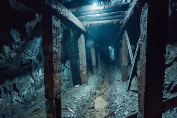 An atmospheric image portraying an abandoned mine shaft with wooden supports under cold, blue lighting, reflecting desolation