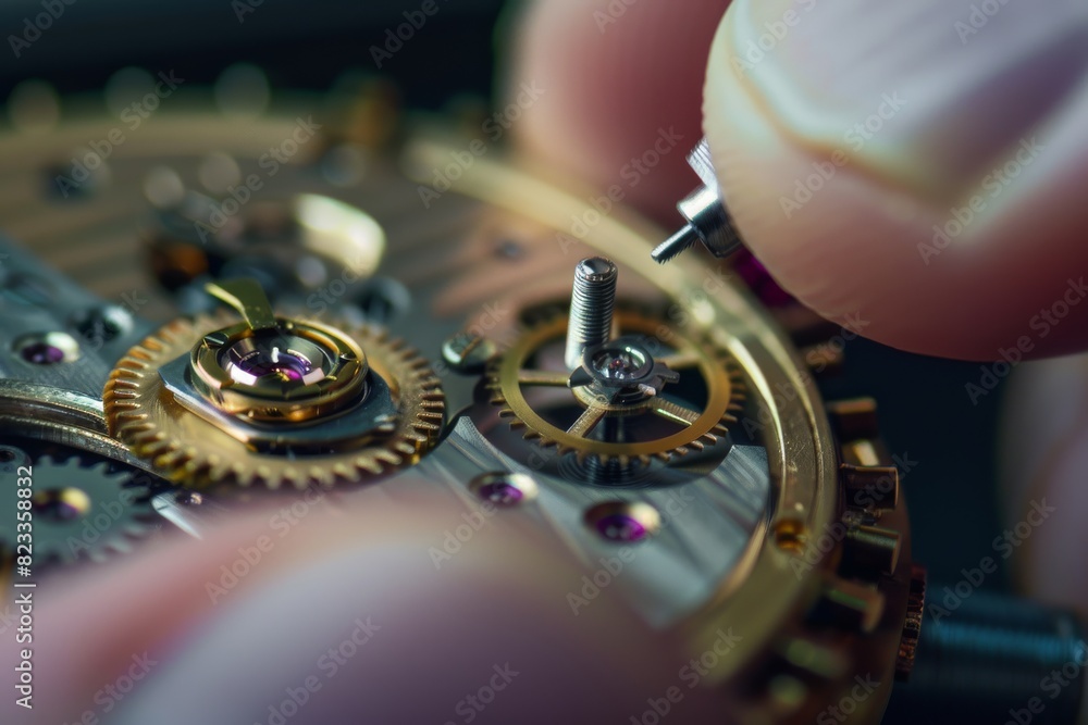 Poster Precise workmanship in watch repair, showing a watchmaker's tools and gears