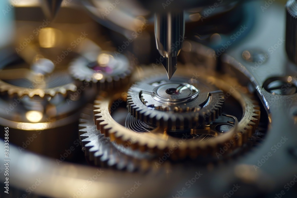 Poster This close-up shot showcases a precision screwdriver aligning a gear in a watch's intricate movement