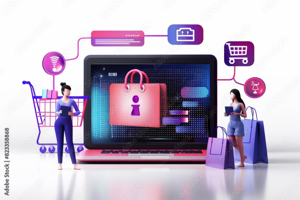 Poster playful illustration of a secure e commerce platform with a large screen and various shopping elemen