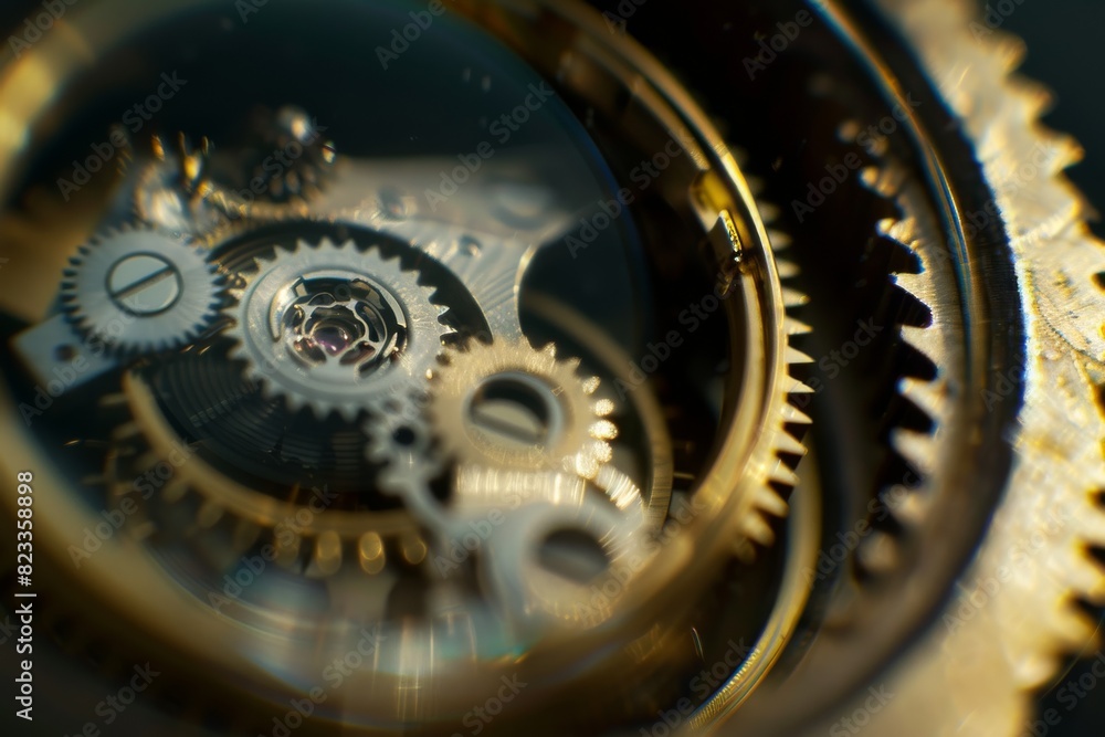 Poster an intimate macro shot exposing the gleaming internals of a high-end golden watch mechanism
