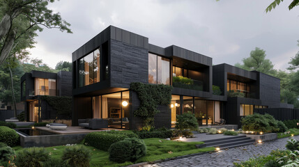Fototapeta premium Modern townhouses, private residences, dark exterior, urban architecture.