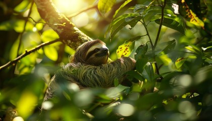 Obraz premium A sloth in its natural habitat captured in candid wildlife photography, portraying a serene moment amidst lush foliage