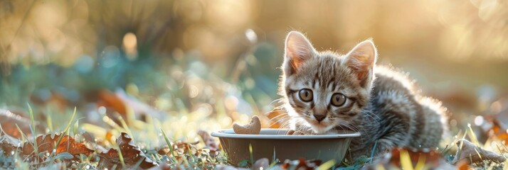 Cat asks for food, eats dry food, kitten with bowl portrait, feed time, unhappy cat has monotonous