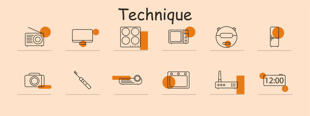 Technique set icon. Radio, monitor, stove, microwave, robot vacuum, refrigerator, camera, toothbrush, projector, oven, router, digital clock. Technology, appliances, electronics, gadgets.