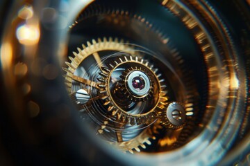 An artistic photograph showcasing the spiral configuration of a watch's gears, creating a hypnotic effect