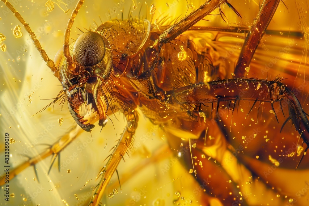 Poster Macro image capturing a fly held in glimmering amber, with emphasis on the fly's detailed structure and the amber's shiny texture