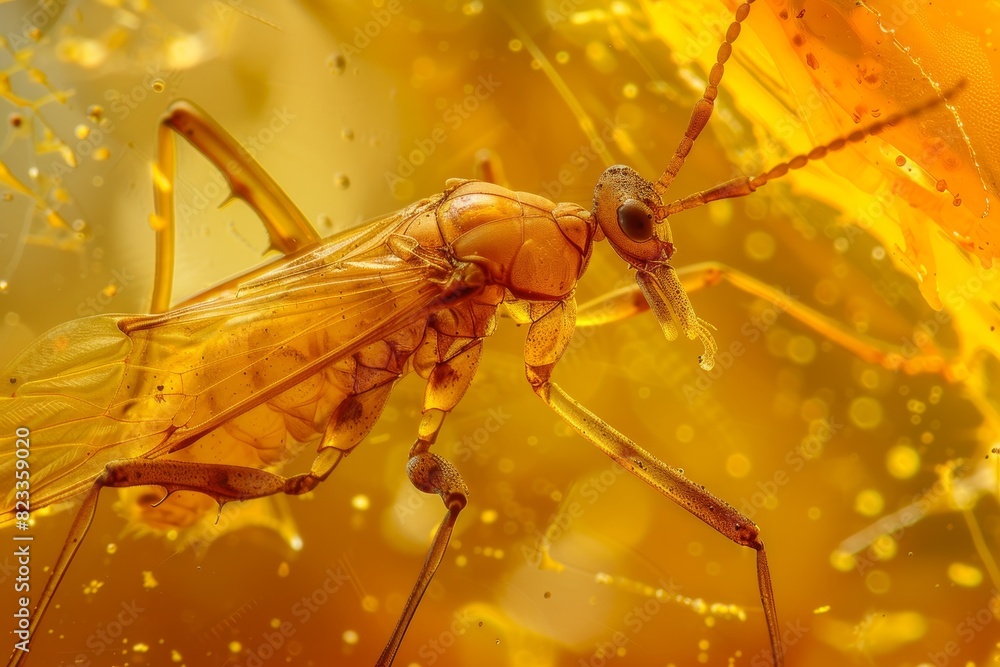 Poster Stunning close-up image of a mosquito encased in amber, highlighting its delicate structure against the warm tones of the resin