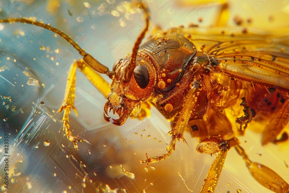 Poster A high-resolution image showing the intricate details of an insect's head and thorax preserved in amber