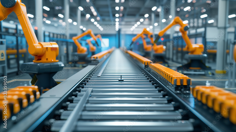 Poster a factory with robots on a conveyor belt