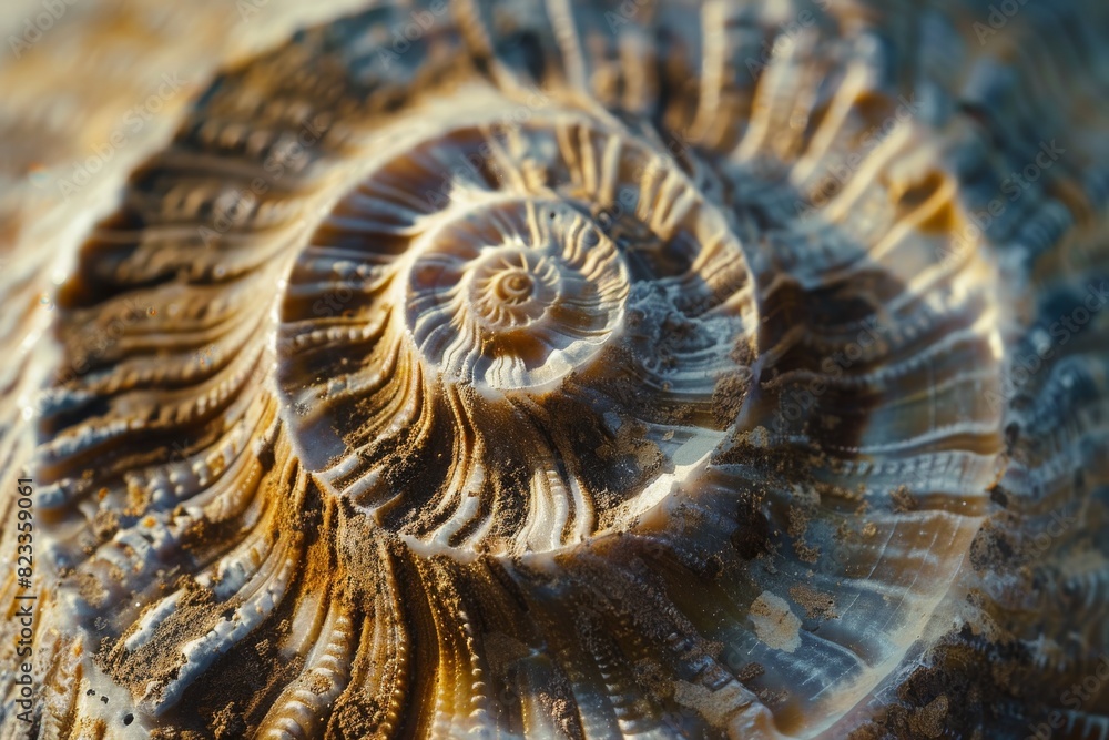 Poster A macro shot reveals the fascinating spiral patterns and textures on a prehistoric fossilized shell