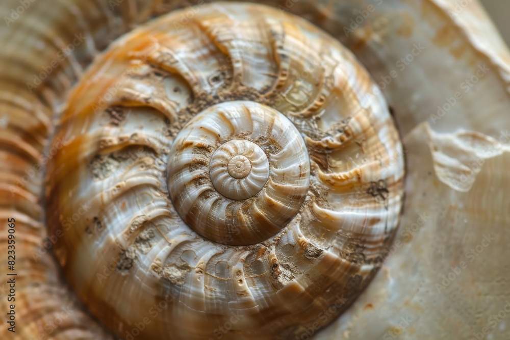 Poster Extreme close-up image showing the spiral structure of a shell with intricate patterns and detail