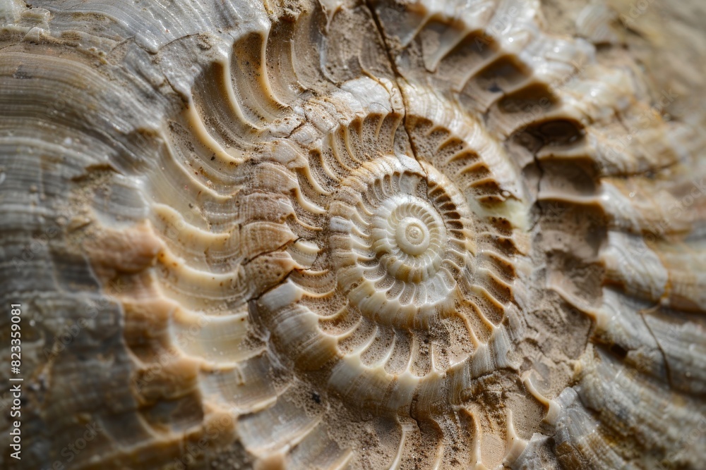 Leinwandbilder Macro photograph highlights the radial pattern and textures of a spiral shell fossil embedded in rock