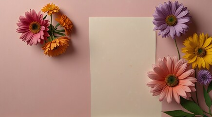 A blank paper adorned with colorful flowers on a soft pink background.