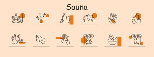 Sauna icon set. Wooden bucket with ladle, bamboo decor, toiletries, lotus flower, hand gesture, candles, essential oil, foot care, acupressure, relaxation, steam bath, robe. Wellness, spa, relaxation
