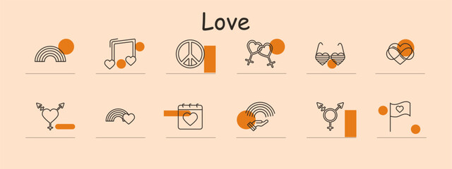 Love icon set. Rainbow, music note with hearts, peace symbol, heart lock, heart glasses, intertwined rings, heart arrow, rainbow with heart, love calendar, hand with rainbow, gender symbols
