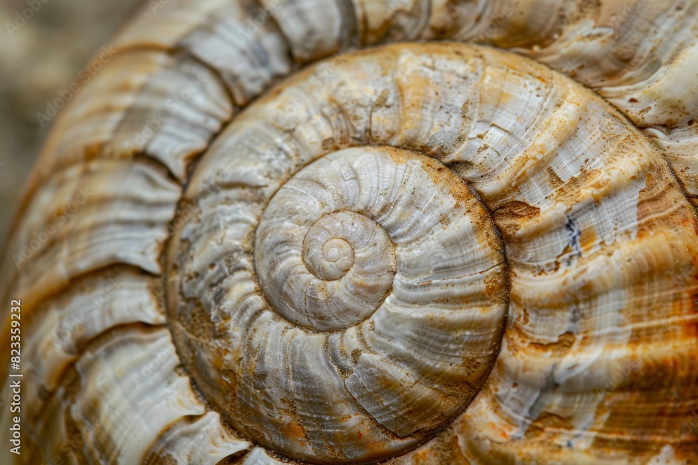 Aufkleber A macro perspective of a snail shell displaying the spiral architecture and the whitish-beige color pattern