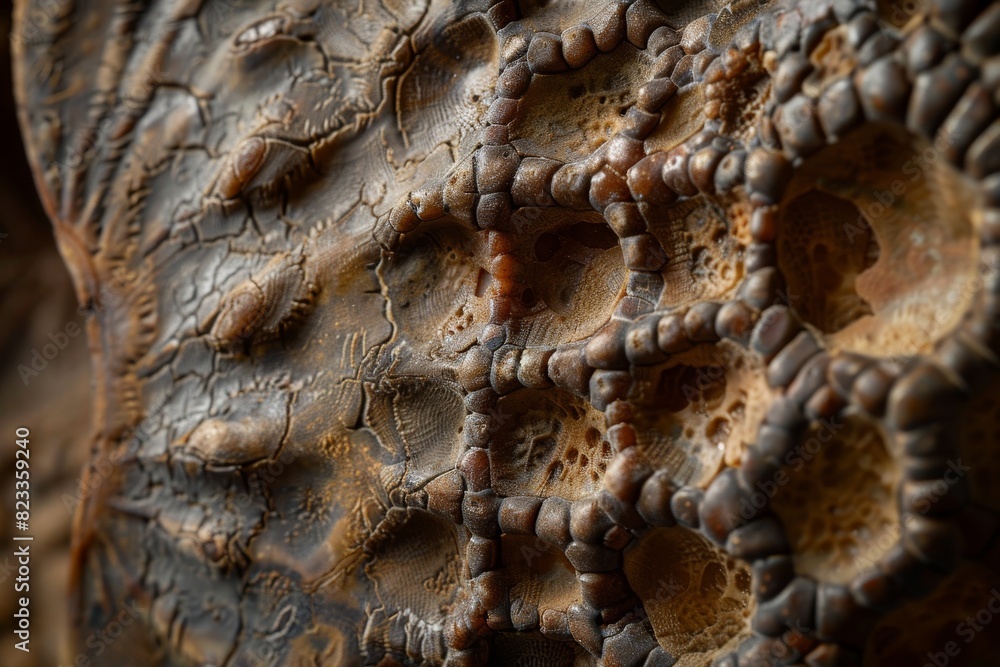 Poster A close-up view of an ancient fossil, with focus on its detailed and textured surface