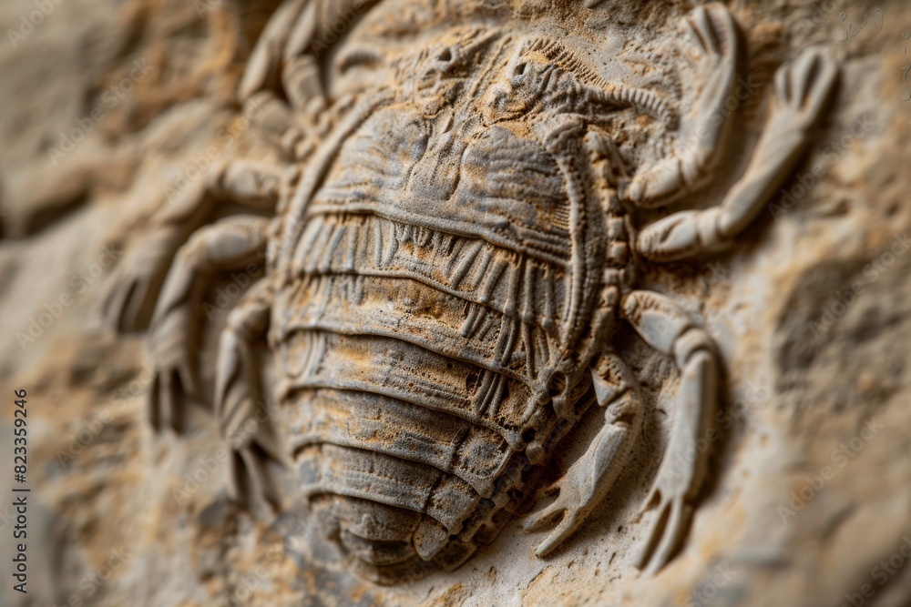 Poster This detailed image showcases a fossilized trilobite embedded in sedimentary rock formations