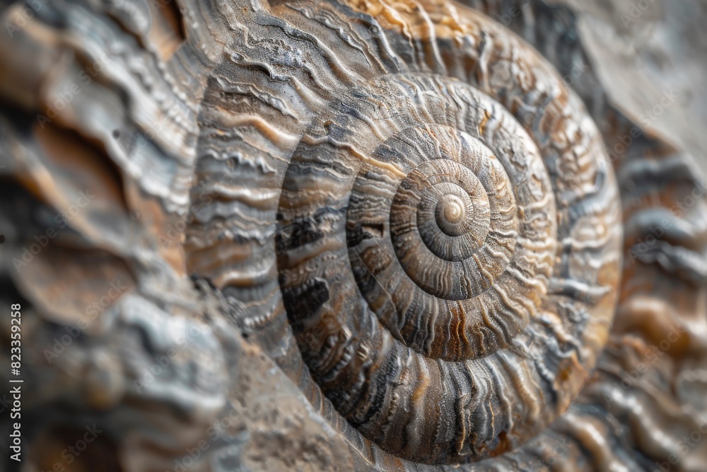 Aufkleber A macro photograph displaying the complex layered texture of a fossilized shell with a prominent spiral design