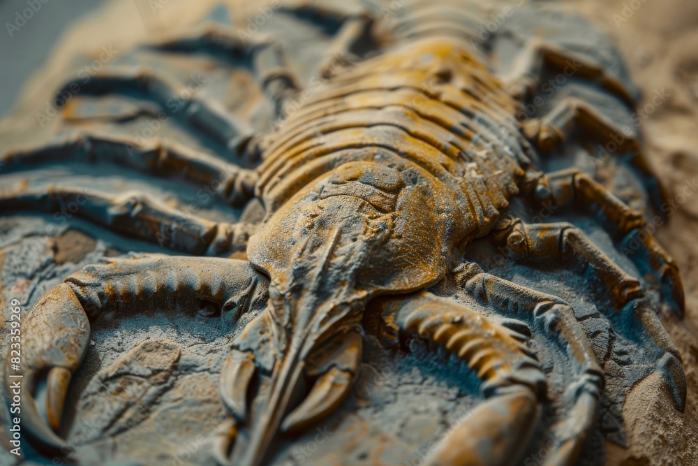 Poster a scorpion fossil is presented in high detail, showing its preserved features and texture