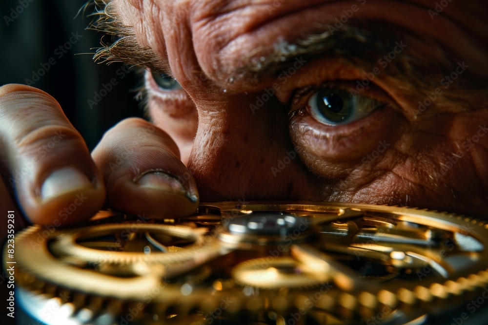 Poster Detail of a senior person closely inspecting the intricate gears of a clock or watch, reflecting precision and craftsmanship